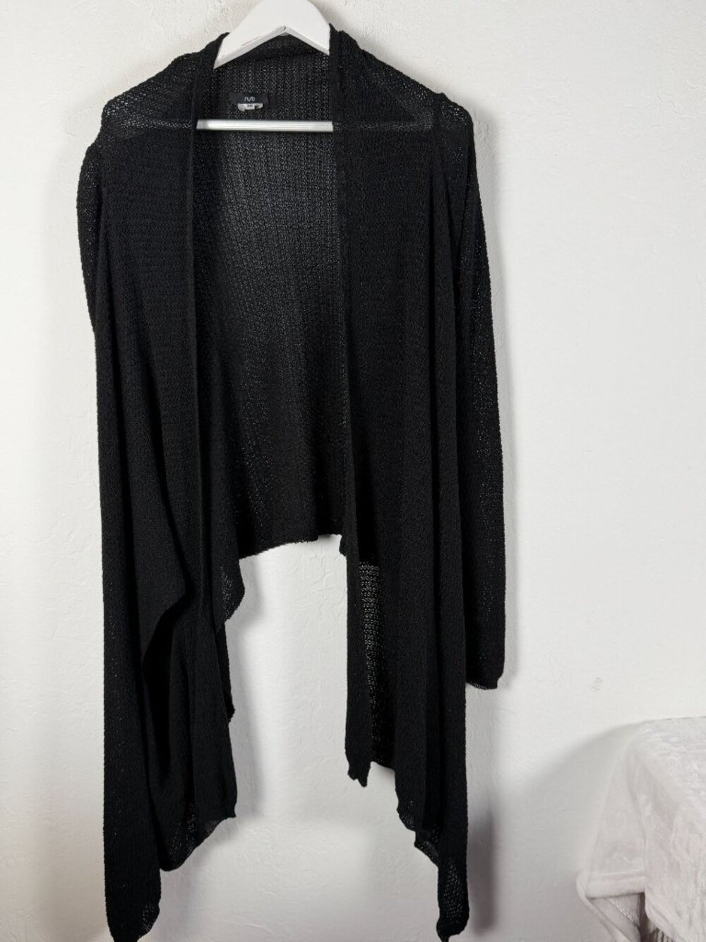 RUTI Womens Open Knit Cardigan Sweater S/M Black Waterfall Asymmetric Drape